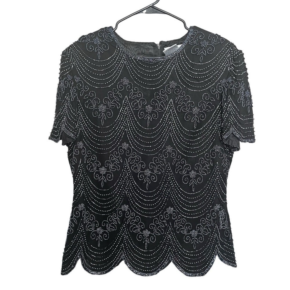 VTG Papell Boutique Evening Beaded Top SZ L Blk/Grey Wedding Party Glam Retro